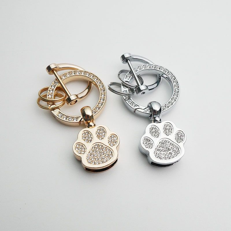 1Pc Metal Inlay Rhinestone Keychain Simple Spring Keyfob Cute Bear Paw Shape Keyring DIY Men Women Key Chain Accessories Gifts