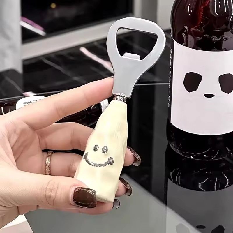 1pcs Cute Smiling Face Beer Drink Bottle Opener with Creative Liftable Stainless Steel Multifunctional Ceramic Handle