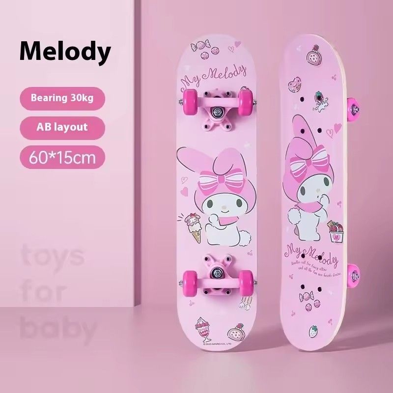 Sanrio skateboard for children from 3 to 6 years, skateboard for beginners, four wheels, double lever board, high elasticity