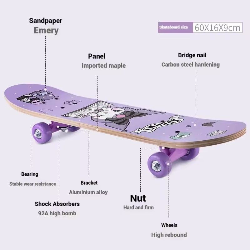 Sanrio skateboard for children from 3 to 6 years, skateboard for beginners, four wheels, double lever board, high elasticity