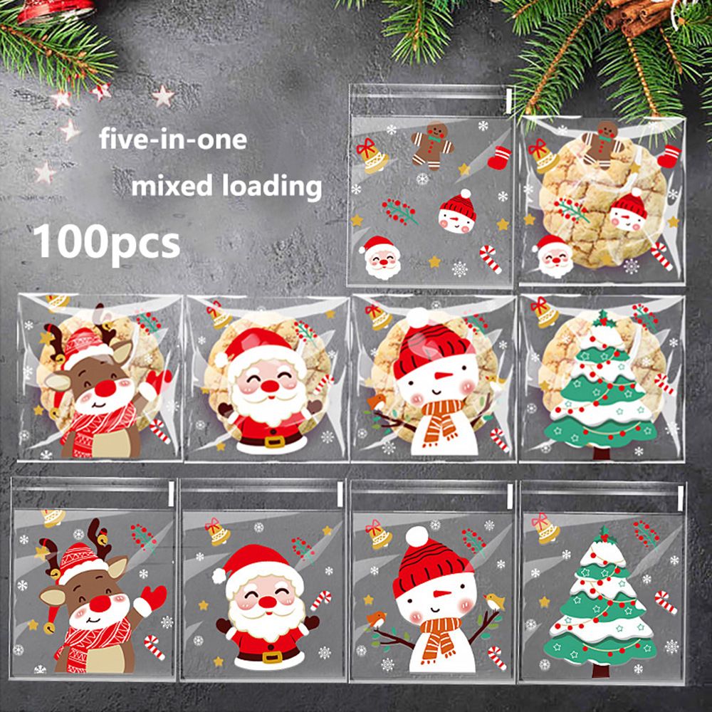 100PCS  Five Christmas OPP self-adhesive bags Candy chocolate snack bags Baked biscuit Dim sum bags