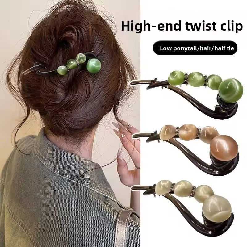 1PC Gradient bead twist clip for women 2025 new high-end straight clip, back of the head disc hair clip