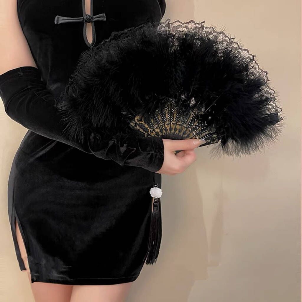1PC  Chinese Style Vintage Retro Foldable Hand Fan Feathers Black Lace Folding Handheld Fan for