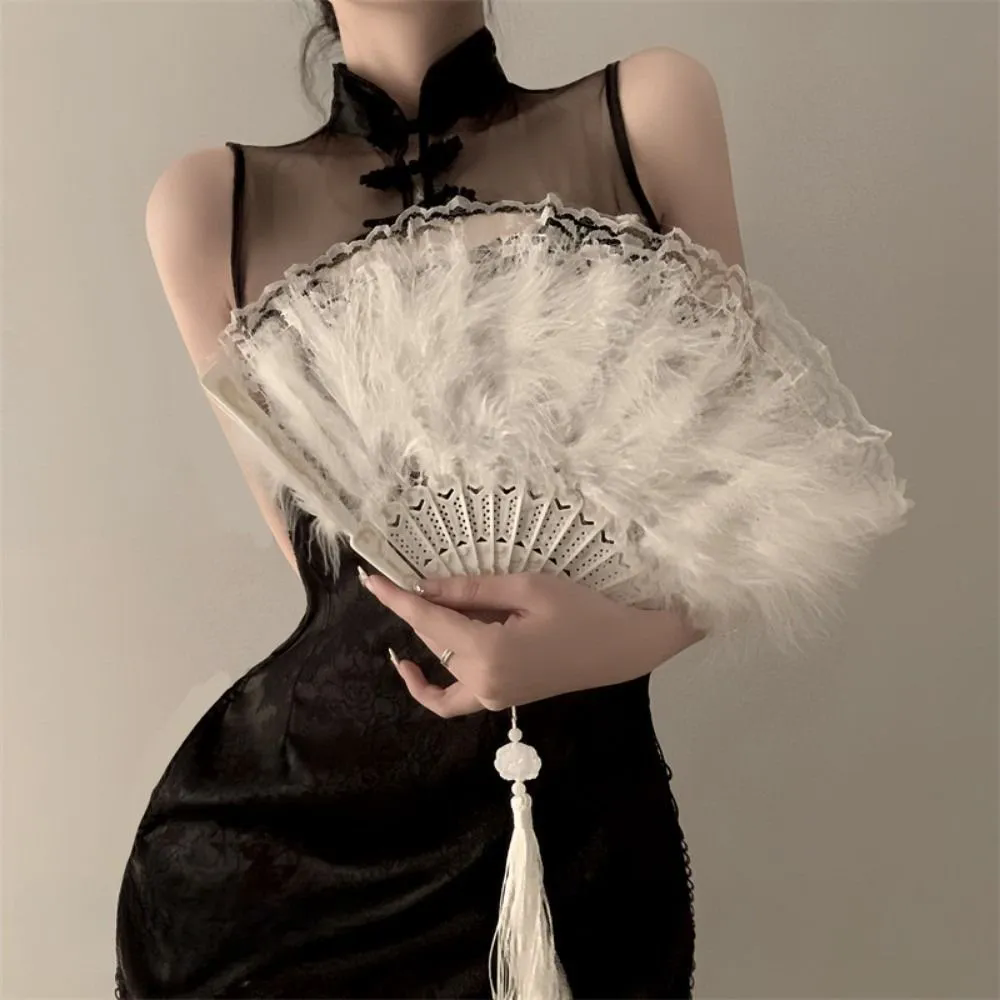 1PC  Chinese Style Vintage Retro Foldable Hand Fan Feathers Black Lace Folding Handheld Fan for