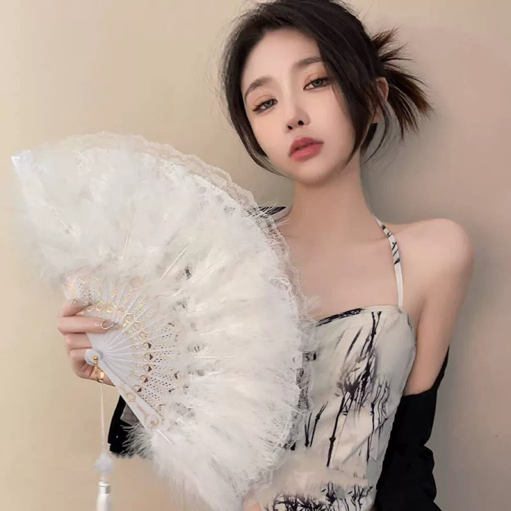 1PC  Chinese Style Vintage Retro Foldable Hand Fan Feathers Black Lace Folding Handheld Fan for
