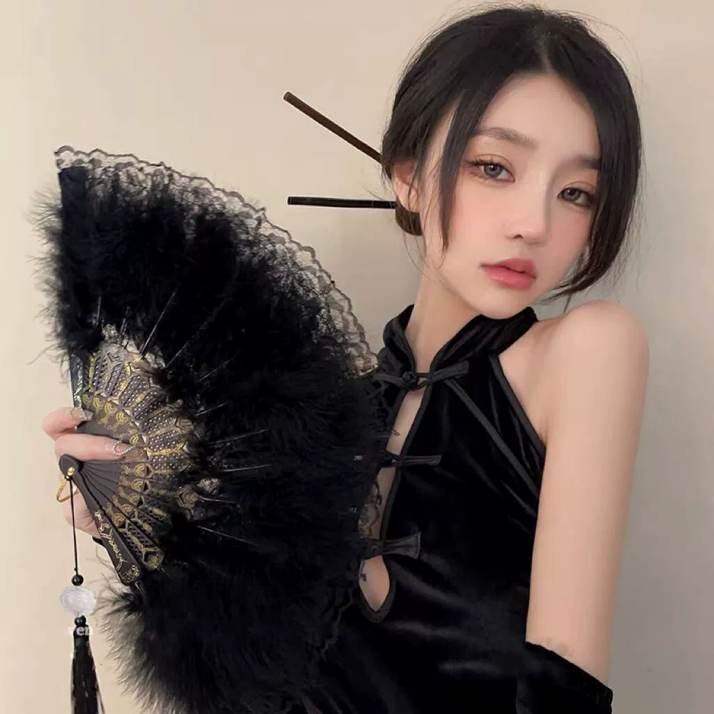 1PC  Chinese Style Vintage Retro Foldable Hand Fan Feathers Black Lace Folding Handheld Fan for