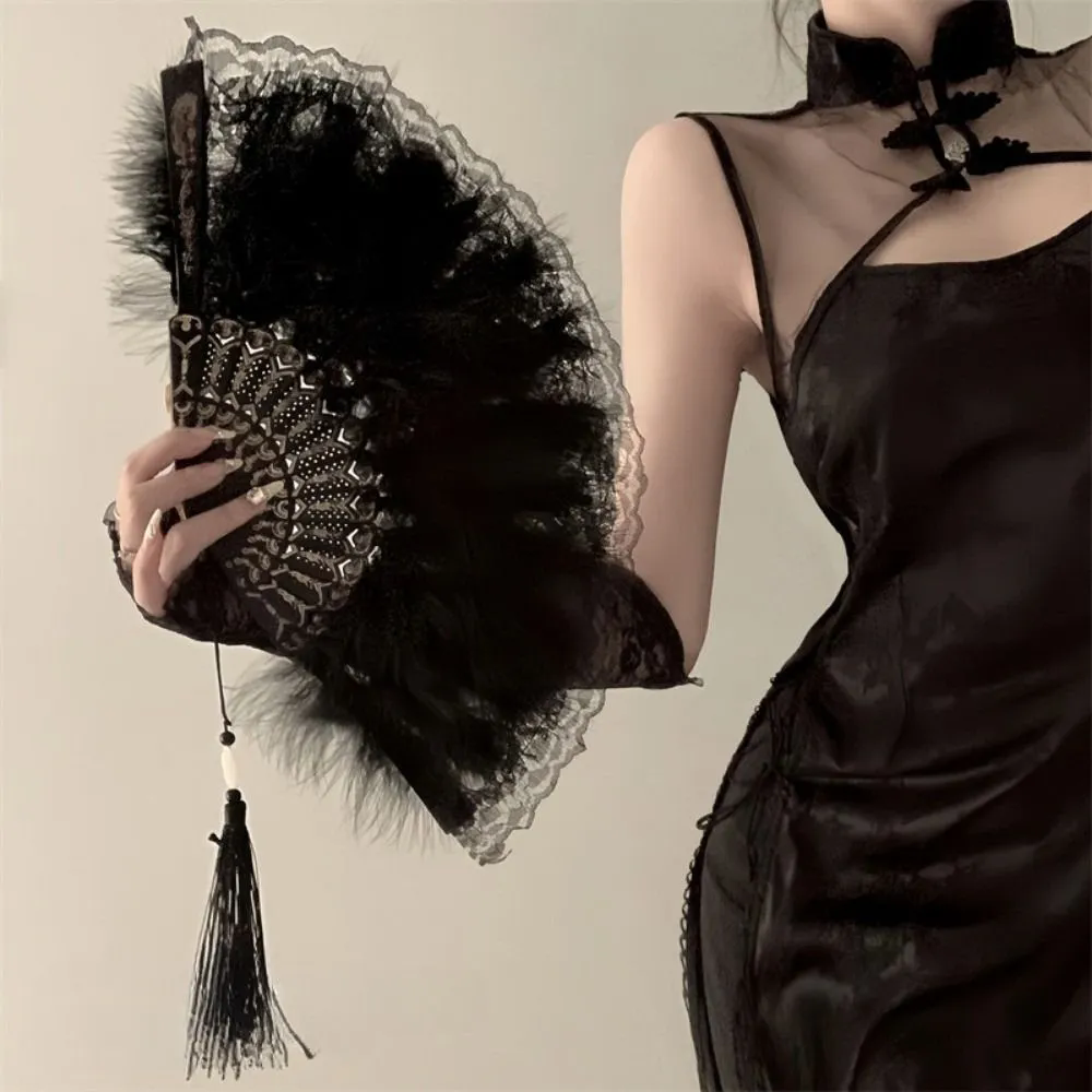 1PC  Chinese Style Vintage Retro Foldable Hand Fan Feathers Black Lace Folding Handheld Fan for