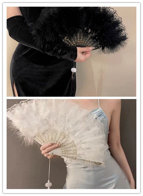 1PC  Chinese Style Vintage Retro Foldable Hand Fan Feathers Black Lace Folding Handheld Fan for