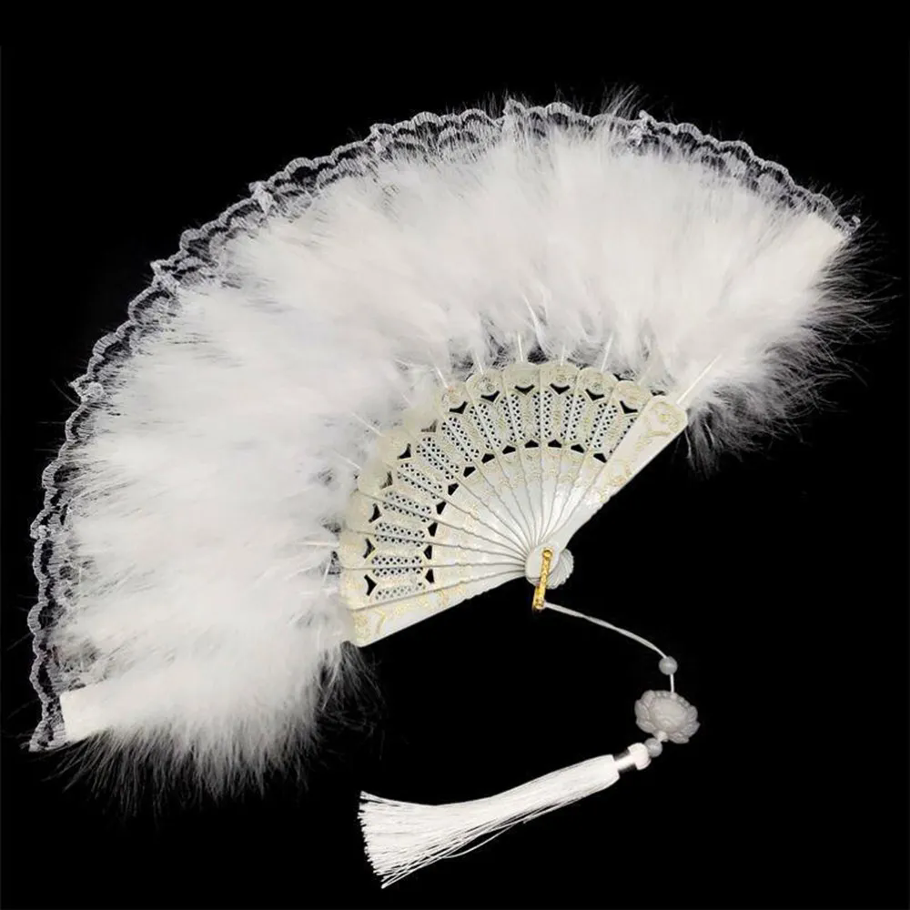 1PC  Chinese Style Vintage Retro Foldable Hand Fan Feathers Black Lace Folding Handheld Fan for