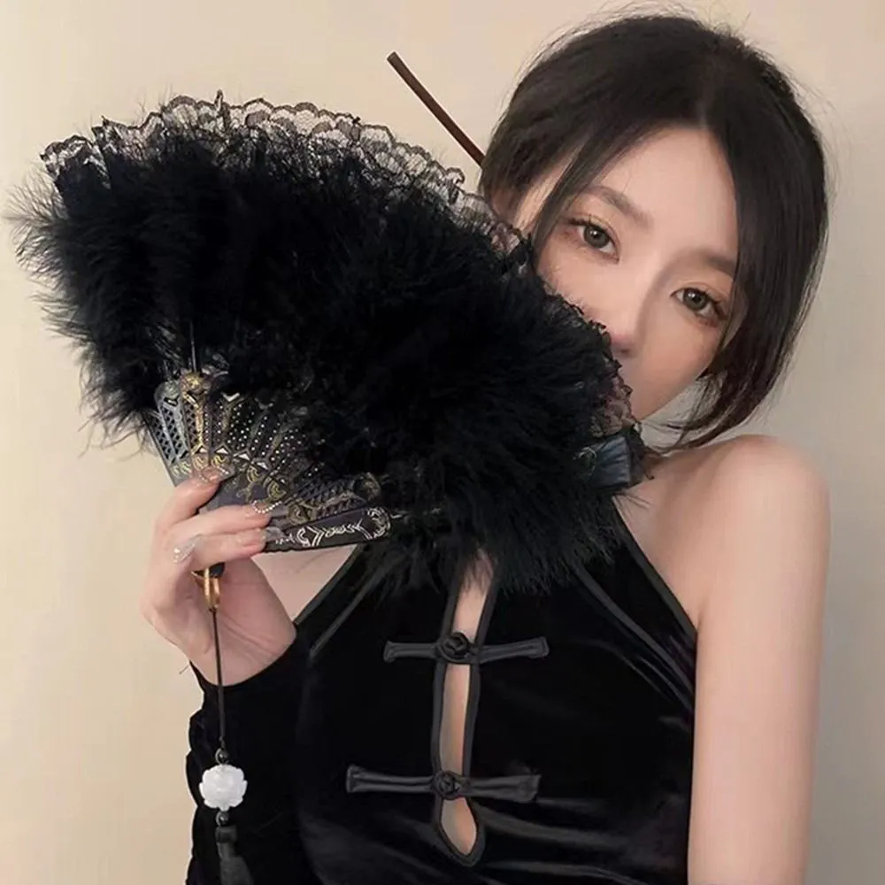 1PC  Chinese Style Vintage Retro Foldable Hand Fan Feathers Black Lace Folding Handheld Fan for