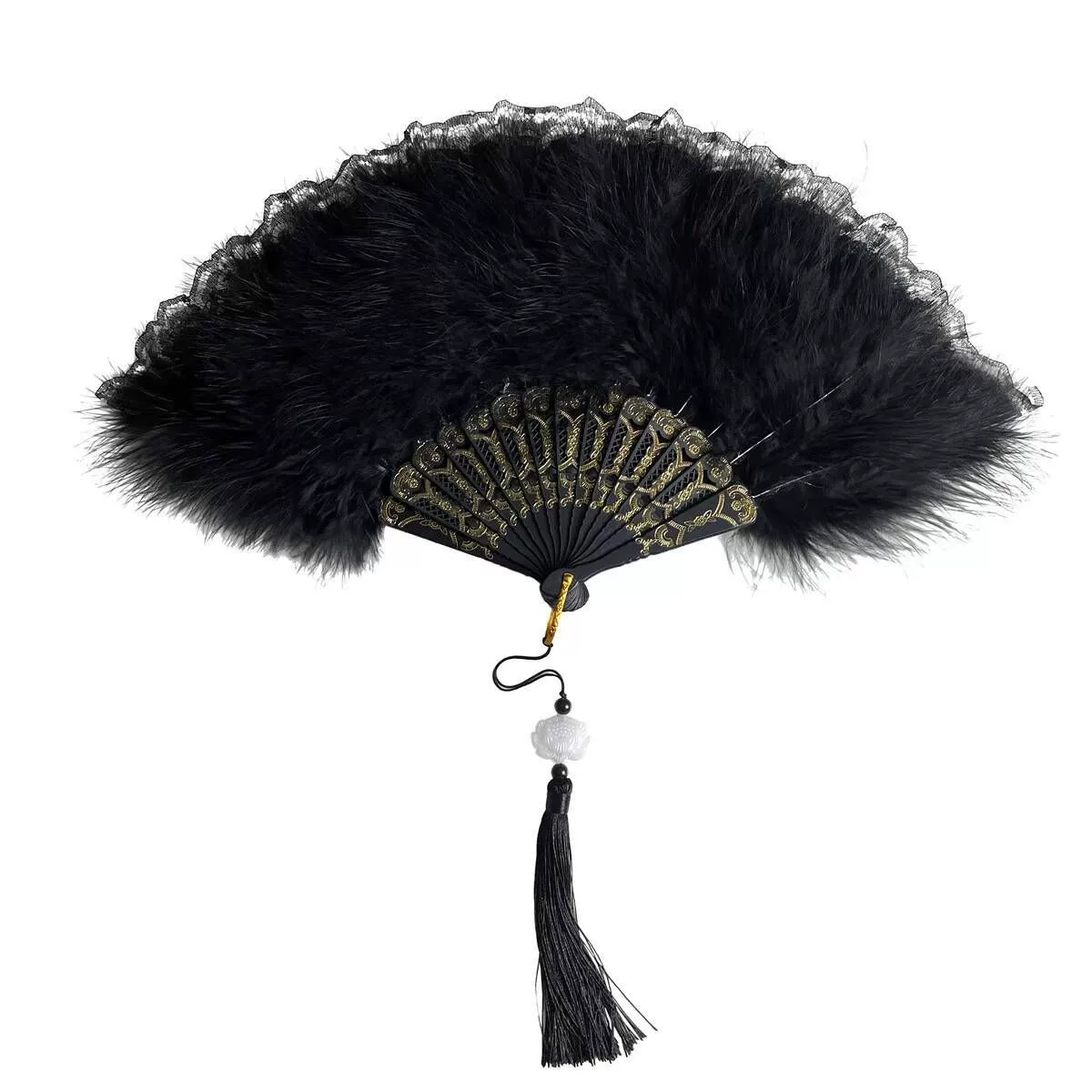 1PC  Chinese Style Vintage Retro Foldable Hand Fan Feathers Black Lace Folding Handheld Fan for