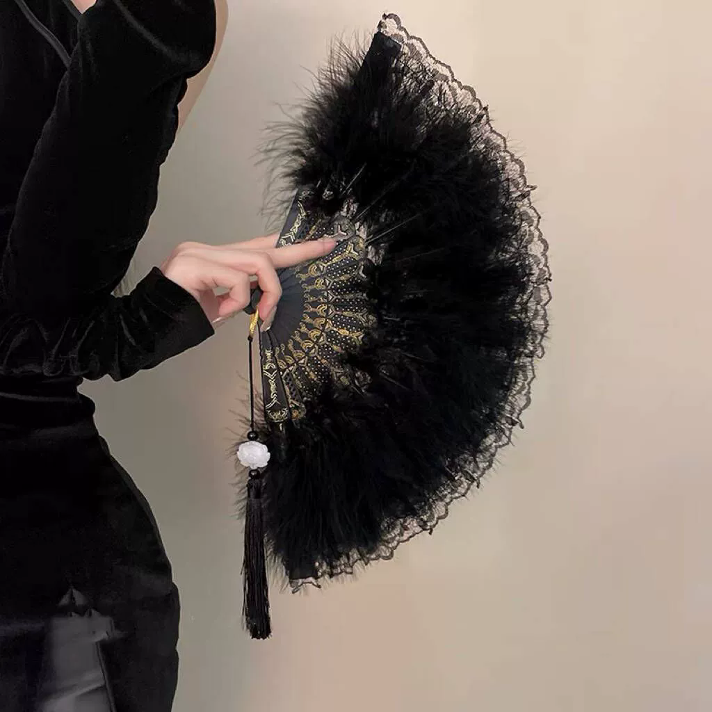 1PC  Chinese Style Vintage Retro Foldable Hand Fan Feathers Black Lace Folding Handheld Fan for