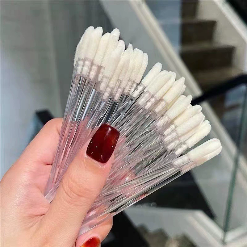50PCS disposable plush lip brush stick, women's portable crystal transparent rod lipstick brush