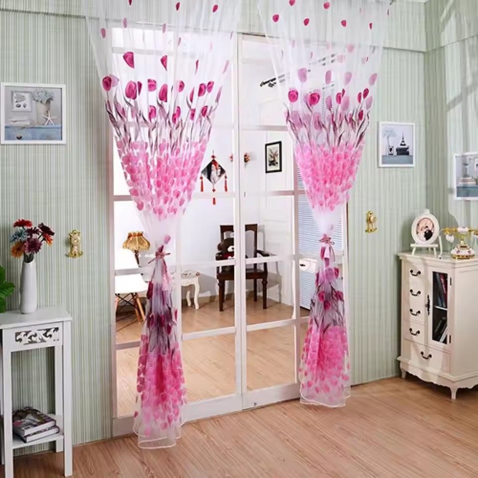 Romantic Window Door Tulip Print Voile Sheer Curtain Drape Creative Floral Translucent Tulle Divider Valance Pink (Note: The product is sold as 1 piece, and the picture shows the effect of 2 pieces)