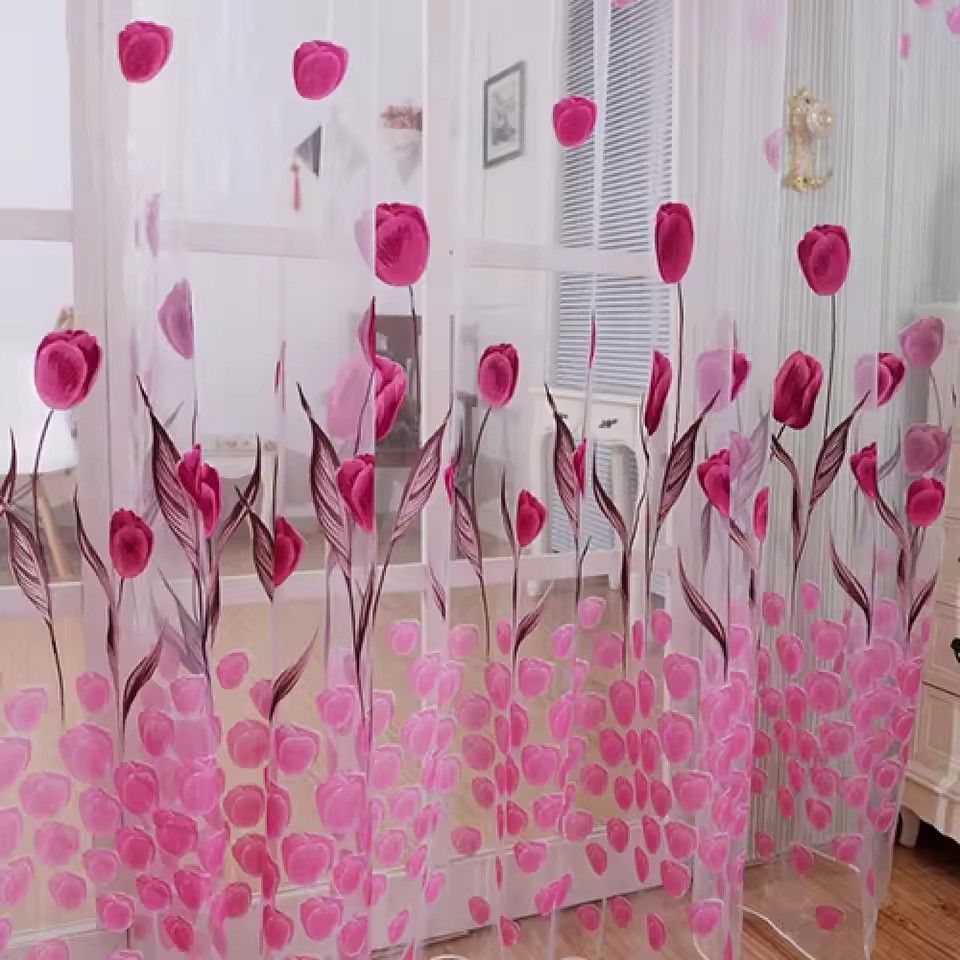 Romantic Window Door Tulip Print Voile Sheer Curtain Drape Creative Floral Translucent Tulle Divider Valance Pink (Note: The product is sold as 1 piece, and the picture shows the effect of 2 pieces)