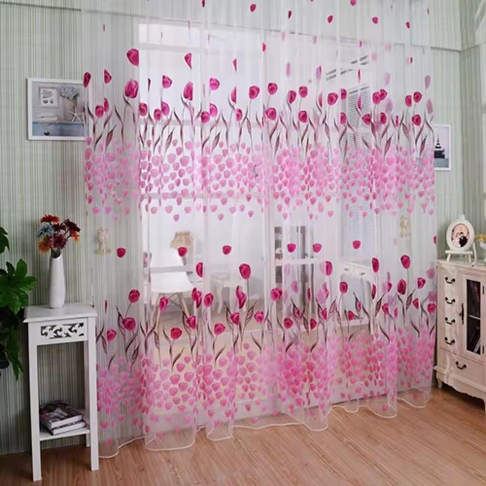 Romantic Window Door Tulip Print Voile Sheer Curtain Drape Creative Floral Translucent Tulle Divider Valance Pink (Note: The product is sold as 1 piece, and the picture shows the effect of 2 pieces)