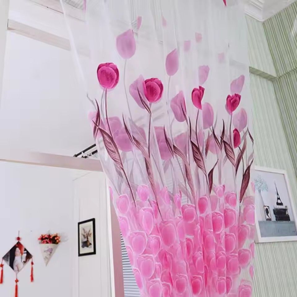 Romantic Window Door Tulip Print Voile Sheer Curtain Drape Creative Floral Translucent Tulle Divider Valance Pink (Note: The product is sold as 1 piece, and the picture shows the effect of 2 pieces)