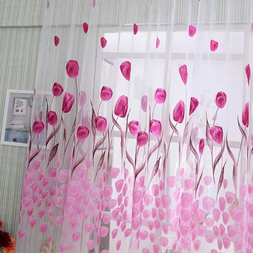 Romantic Window Door Tulip Print Voile Sheer Curtain Drape Creative Floral Translucent Tulle Divider Valance Pink (Note: The product is sold as 1 piece, and the picture shows the effect of 2 pieces)