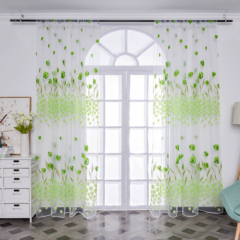 Romantic Window Door Tulip Print Voile Sheer Curtain Drape Creative Floral Translucent Tulle Divider Valance Pink (Note: The product is sold as 1 piece, and the picture shows the effect of 2 pieces)