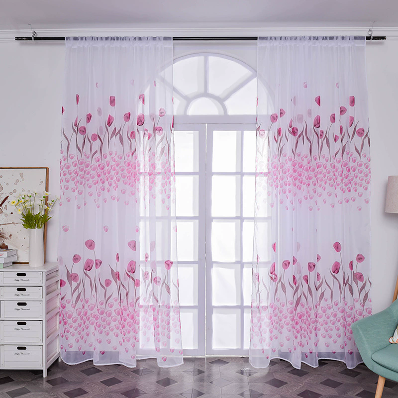 Romantic Window Door Tulip Print Voile Sheer Curtain Drape Creative Floral Translucent Tulle Divider Valance Pink (Note: The product is sold as 1 piece, and the picture shows the effect of 2 pieces)