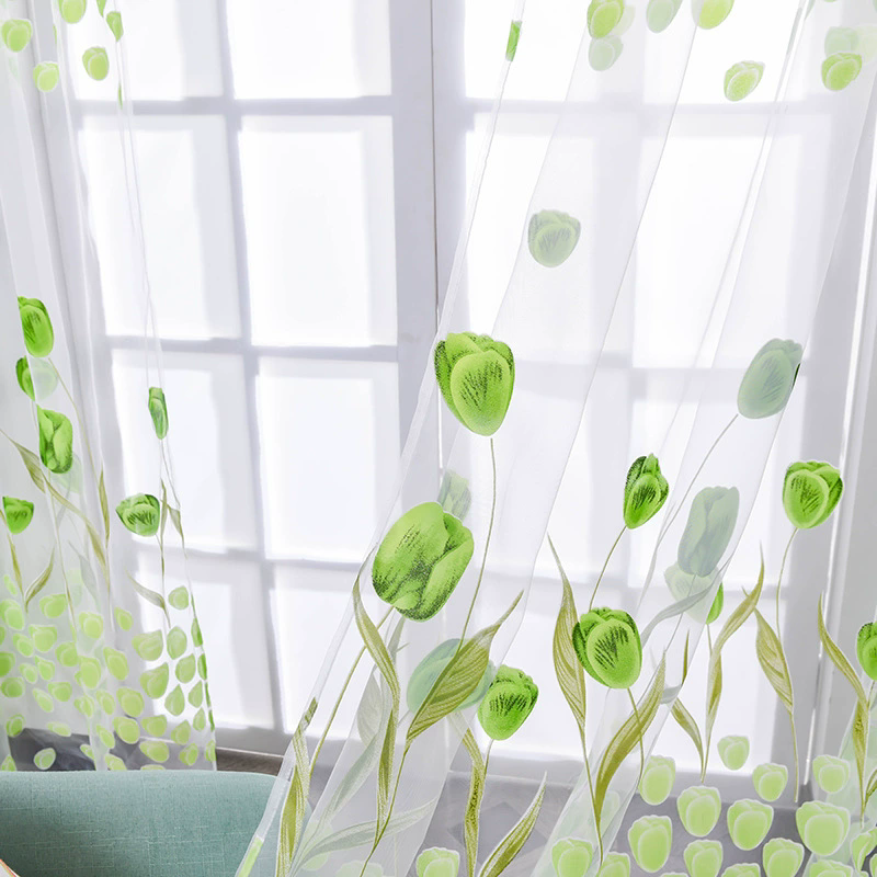 Romantic Window Door Tulip Print Voile Sheer Curtain Drape Creative Floral Translucent Tulle Divider Valance Pink (Note: The product is sold as 1 piece, and the picture shows the effect of 2 pieces)