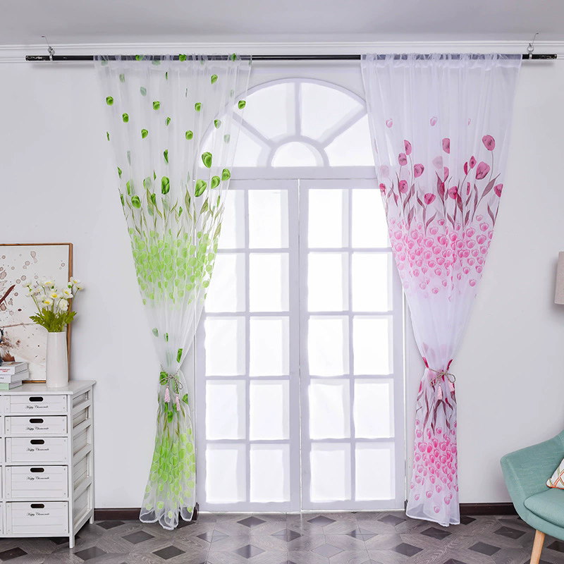 Romantic Window Door Tulip Print Voile Sheer Curtain Drape Creative Floral Translucent Tulle Divider Valance Pink (Note: The product is sold as 1 piece, and the picture shows the effect of 2 pieces)