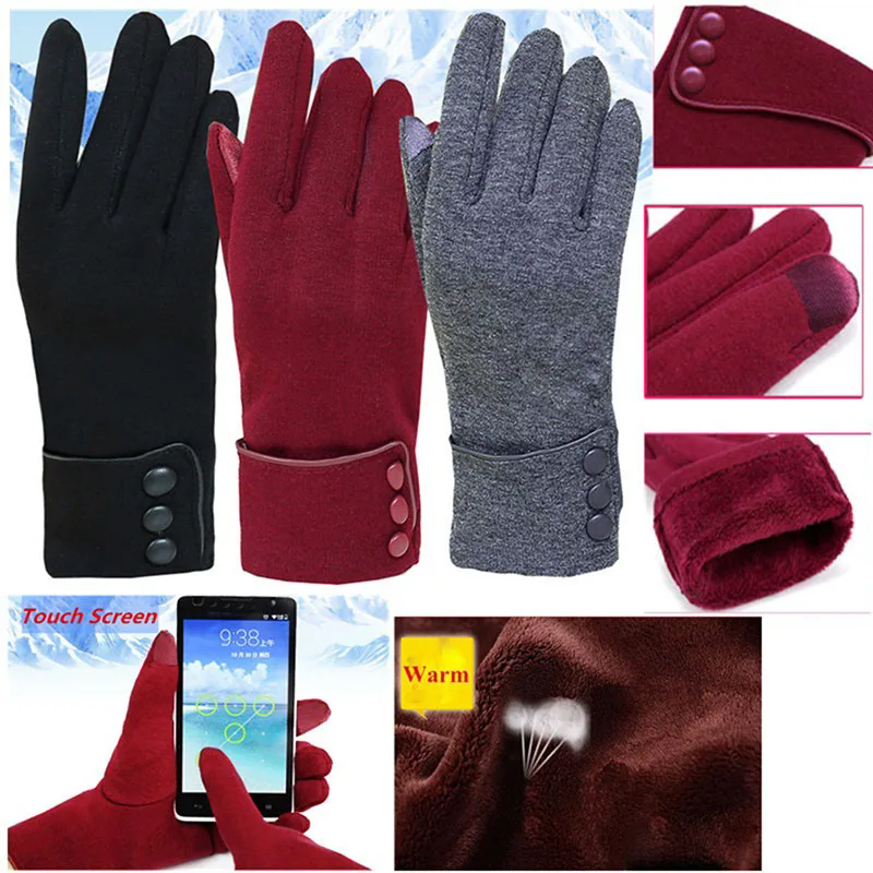 1Pair New Female Autumn Winter Warm Gloves Fleece Lined Thermal Full Finger Warm Gloves Women Cotton Touch Screen Gloves