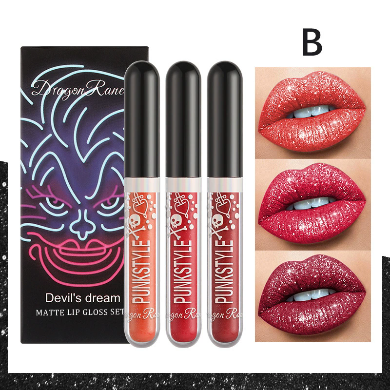 1PC  Halloween Lip Gloss Set, 3-Piece Non-Stick Shiny Lipstick, Glittery Purple and Black Lip Colors, Long-Lasting, Non-Transfer