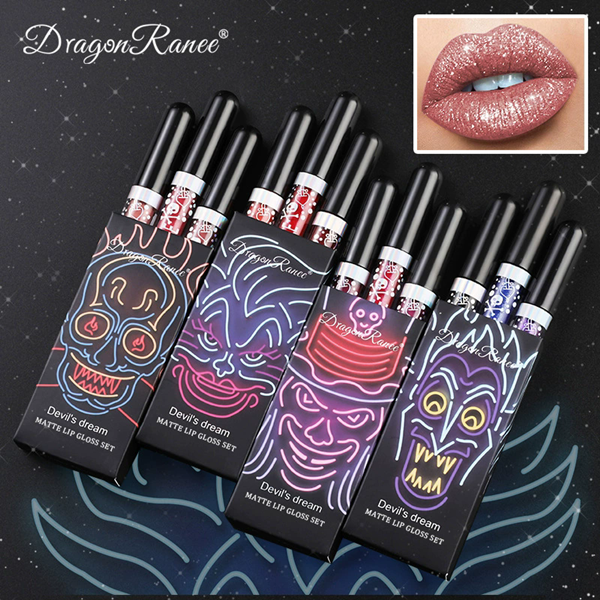 1PC  Halloween Lip Gloss Set, 3-Piece Non-Stick Shiny Lipstick, Glittery Purple and Black Lip Colors, Long-Lasting, Non-Transfer