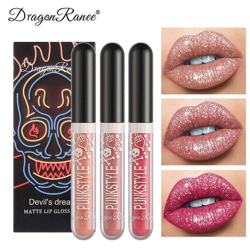 1PC  Halloween Lip Gloss Set, 3-Piece Non-Stick Shiny Lipstick, Glittery Purple and Black Lip Colors, Long-Lasting, Non-Transfer