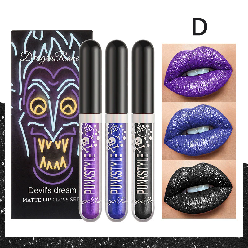 1PC  Halloween Lip Gloss Set, 3-Piece Non-Stick Shiny Lipstick, Glittery Purple and Black Lip Colors, Long-Lasting, Non-Transfer