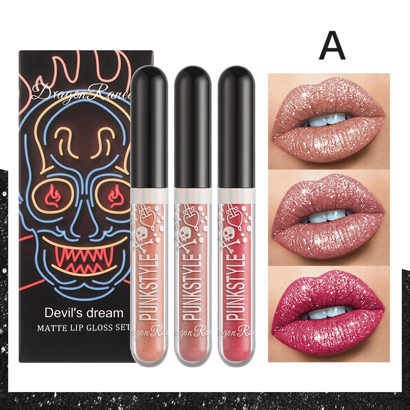 1PC  Halloween Lip Gloss Set, 3-Piece Non-Stick Shiny Lipstick, Glittery Purple and Black Lip Colors, Long-Lasting, Non-Transfer
