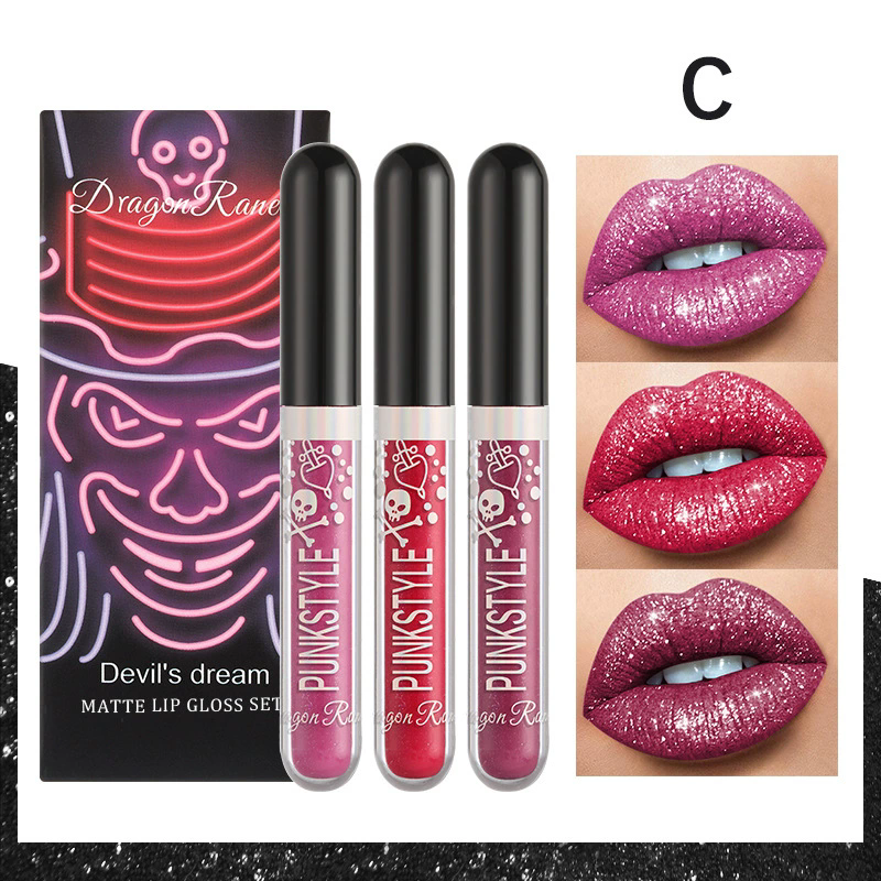 1PC  Halloween Lip Gloss Set, 3-Piece Non-Stick Shiny Lipstick, Glittery Purple and Black Lip Colors, Long-Lasting, Non-Transfer