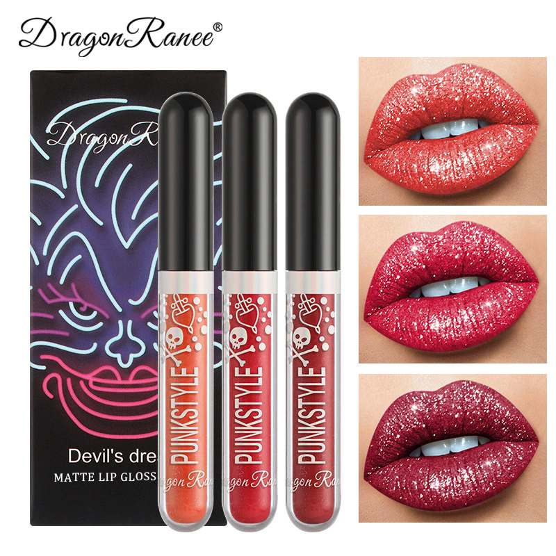 1PC  Halloween Lip Gloss Set, 3-Piece Non-Stick Shiny Lipstick, Glittery Purple and Black Lip Colors, Long-Lasting, Non-Transfer