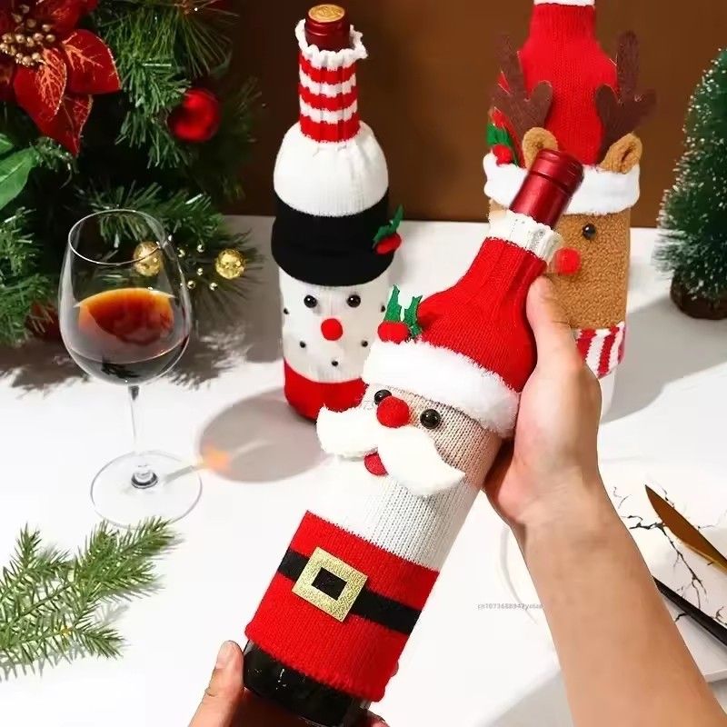 1PC Christmas Knitted Wine Bottle Cover Christmas Snowman Knitted Wine Bottle Bag 2025 Christmas Party Table Decoration