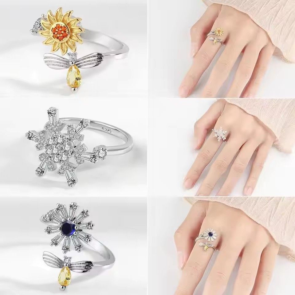 1PC  Fashion  Ring Anxiety for Women Multiple Crystal Flower Plant Finger Ring Girls Rotate Anti Stress Wedding Jewelry