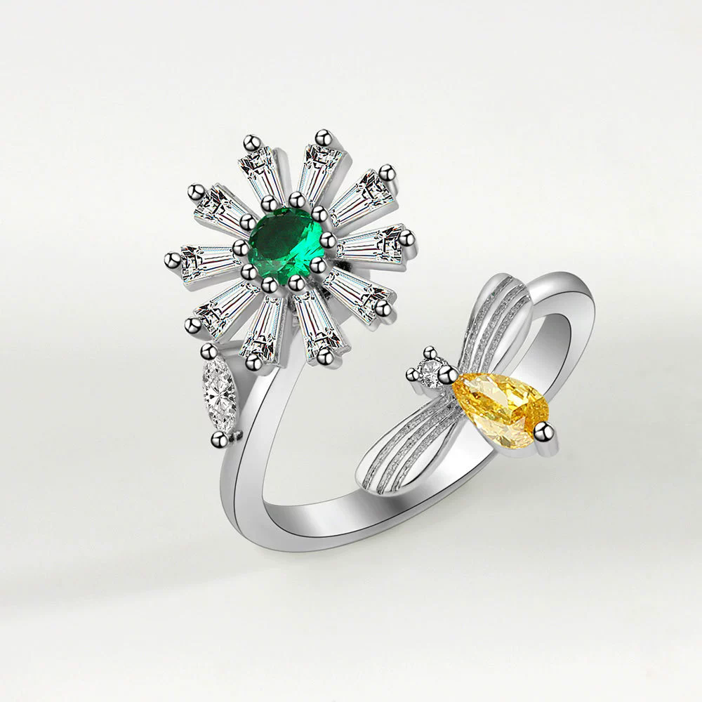 1PC  Fashion  Ring Anxiety for Women Multiple Crystal Flower Plant Finger Ring Girls Rotate Anti Stress Wedding Jewelry