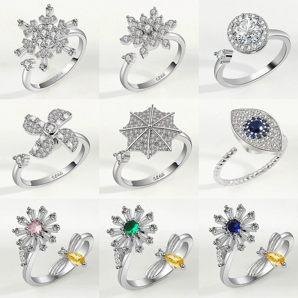 1PC  Fashion  Ring Anxiety for Women Multiple Crystal Flower Plant Finger Ring Girls Rotate Anti Stress Wedding Jewelry