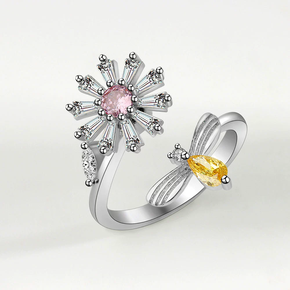 1PC  Fashion  Ring Anxiety for Women Multiple Crystal Flower Plant Finger Ring Girls Rotate Anti Stress Wedding Jewelry
