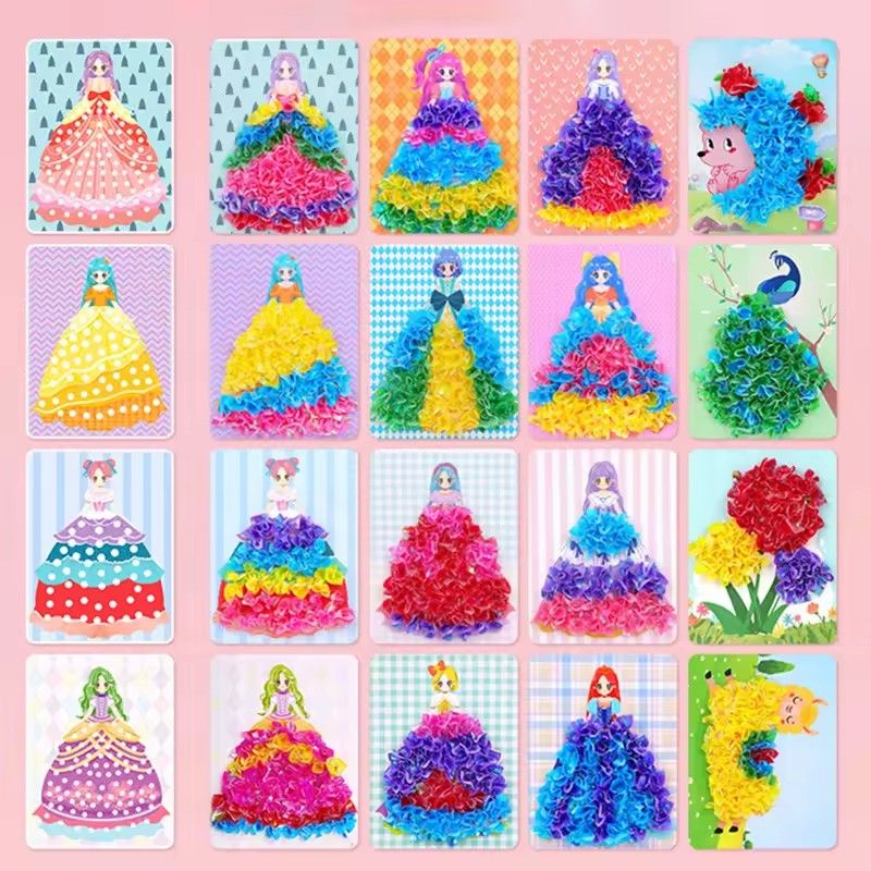 1 Set of puzzle puncture drawing card board children's pocket set for girls DIY dressing hedgehog princess peacock fabric toy