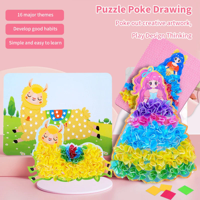 1 Set of puzzle puncture drawing card board children's pocket set for girls DIY dressing hedgehog princess peacock fabric toy