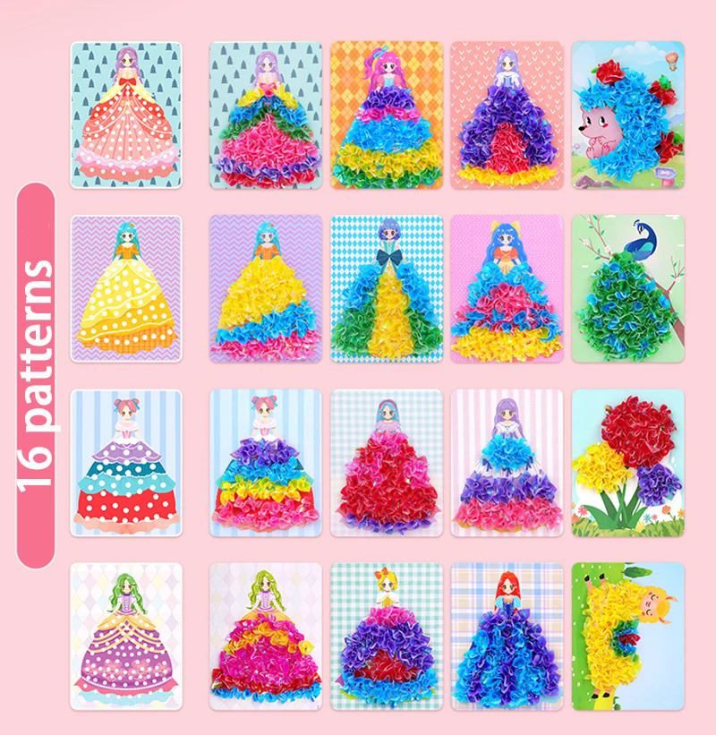 1 Set of puzzle puncture drawing card board children's pocket set for girls DIY dressing hedgehog princess peacock fabric toy