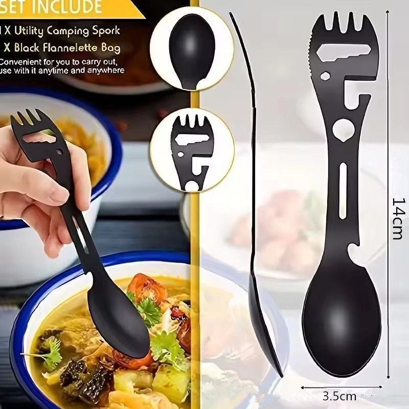 1PC10 In 1 EDC Multifunctional Spoon Spoon Key Chain Kitchen Knife Fork Wrench Bottle Opener Whistle Outdoor Camping Accessories
