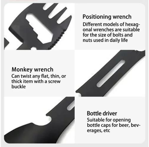 1PC10 In 1 EDC Multifunctional Spoon Spoon Key Chain Kitchen Knife Fork Wrench Bottle Opener Whistle Outdoor Camping Accessories
