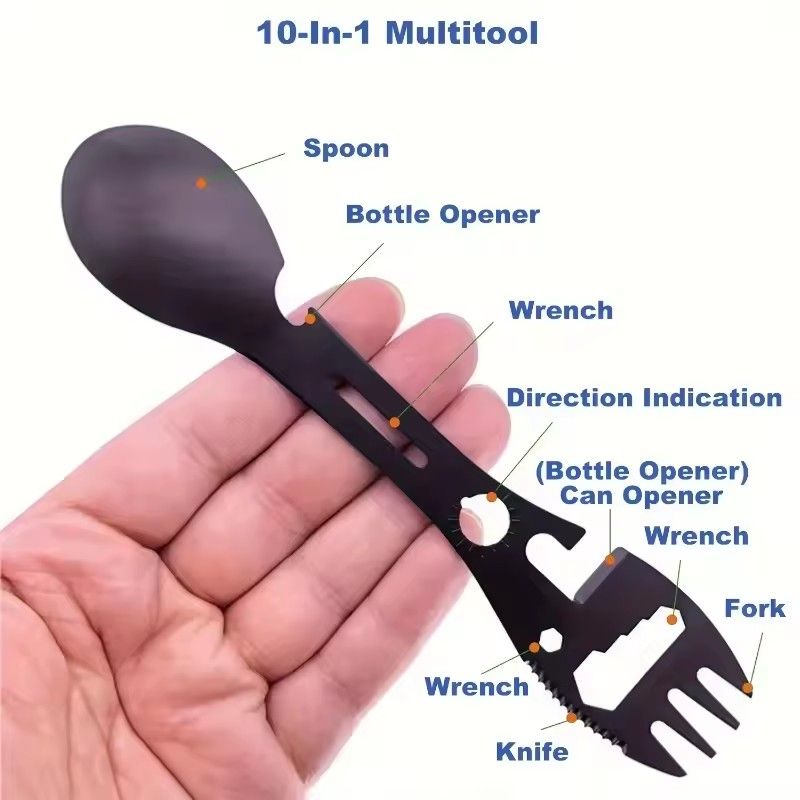 1PC10 In 1 EDC Multifunctional Spoon Spoon Key Chain Kitchen Knife Fork Wrench Bottle Opener Whistle Outdoor Camping Accessories
