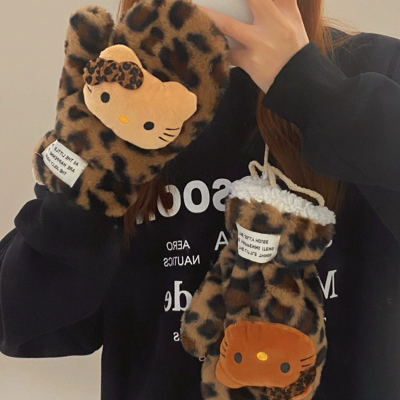 1Pair  Sanrio HelloKitty Mother Anti-freezing Gloves Winter Windproof Thick Warm Scarf Plush Neck Refers To Leopard Gloves