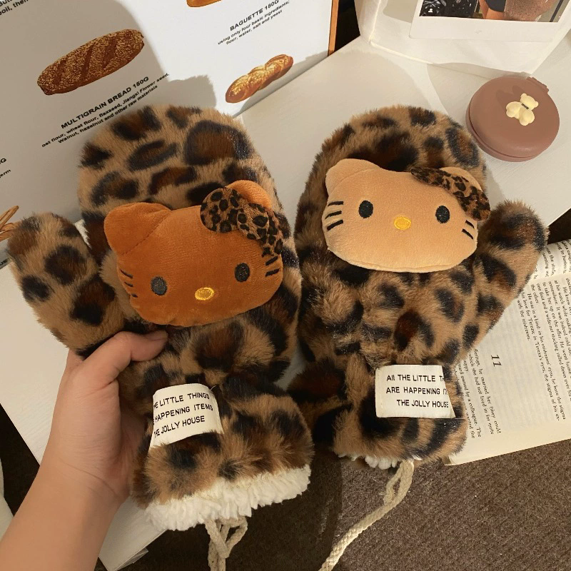 1Pair  Sanrio HelloKitty Mother Anti-freezing Gloves Winter Windproof Thick Warm Scarf Plush Neck Refers To Leopard Gloves