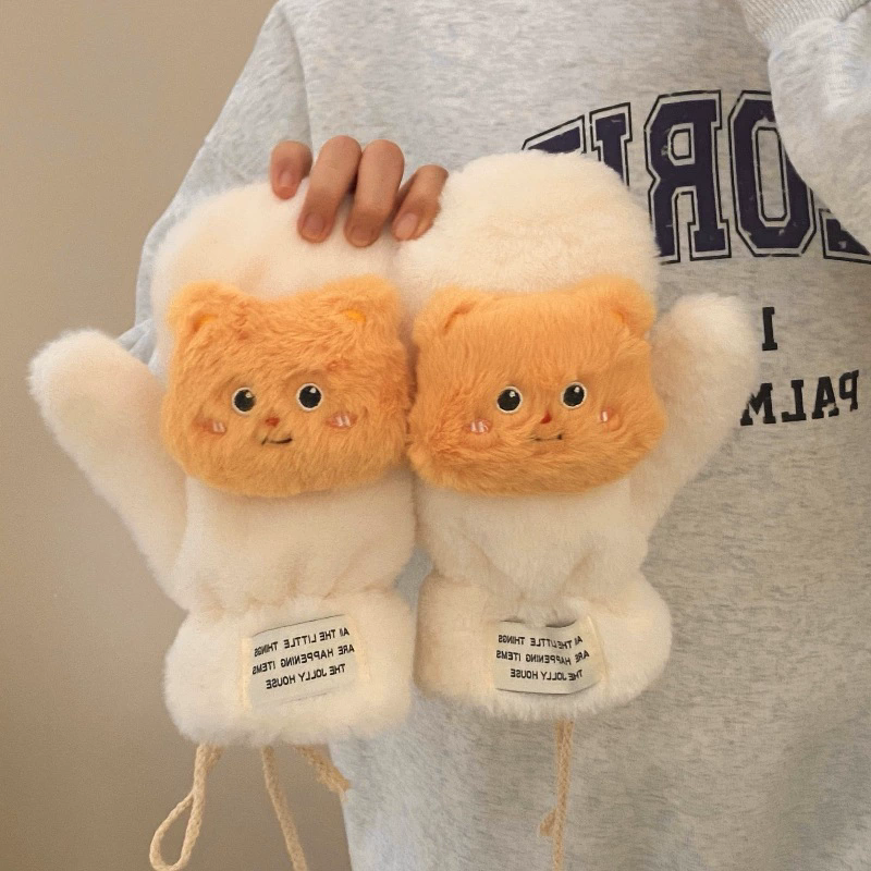 1Pair  Sanrio HelloKitty Mother Anti-freezing Gloves Winter Windproof Thick Warm Scarf Plush Neck Refers To Leopard Gloves