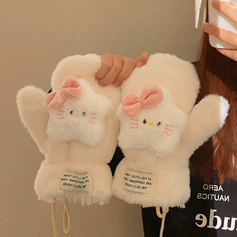 1Pair  Sanrio HelloKitty Mother Anti-freezing Gloves Winter Windproof Thick Warm Scarf Plush Neck Refers To Leopard Gloves