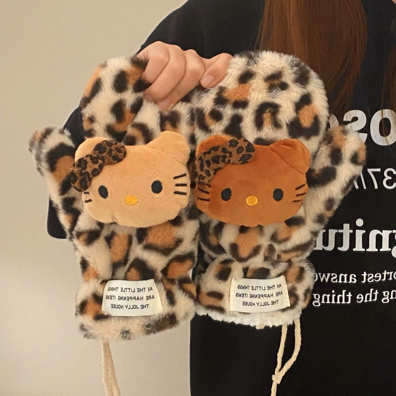 1Pair  Sanrio HelloKitty Mother Anti-freezing Gloves Winter Windproof Thick Warm Scarf Plush Neck Refers To Leopard Gloves